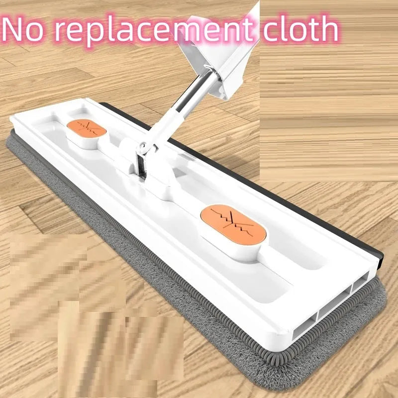 Large flat mop with blue cloth on a wooden floor, showing its 360-degree rotating head and long stainless steel handle.