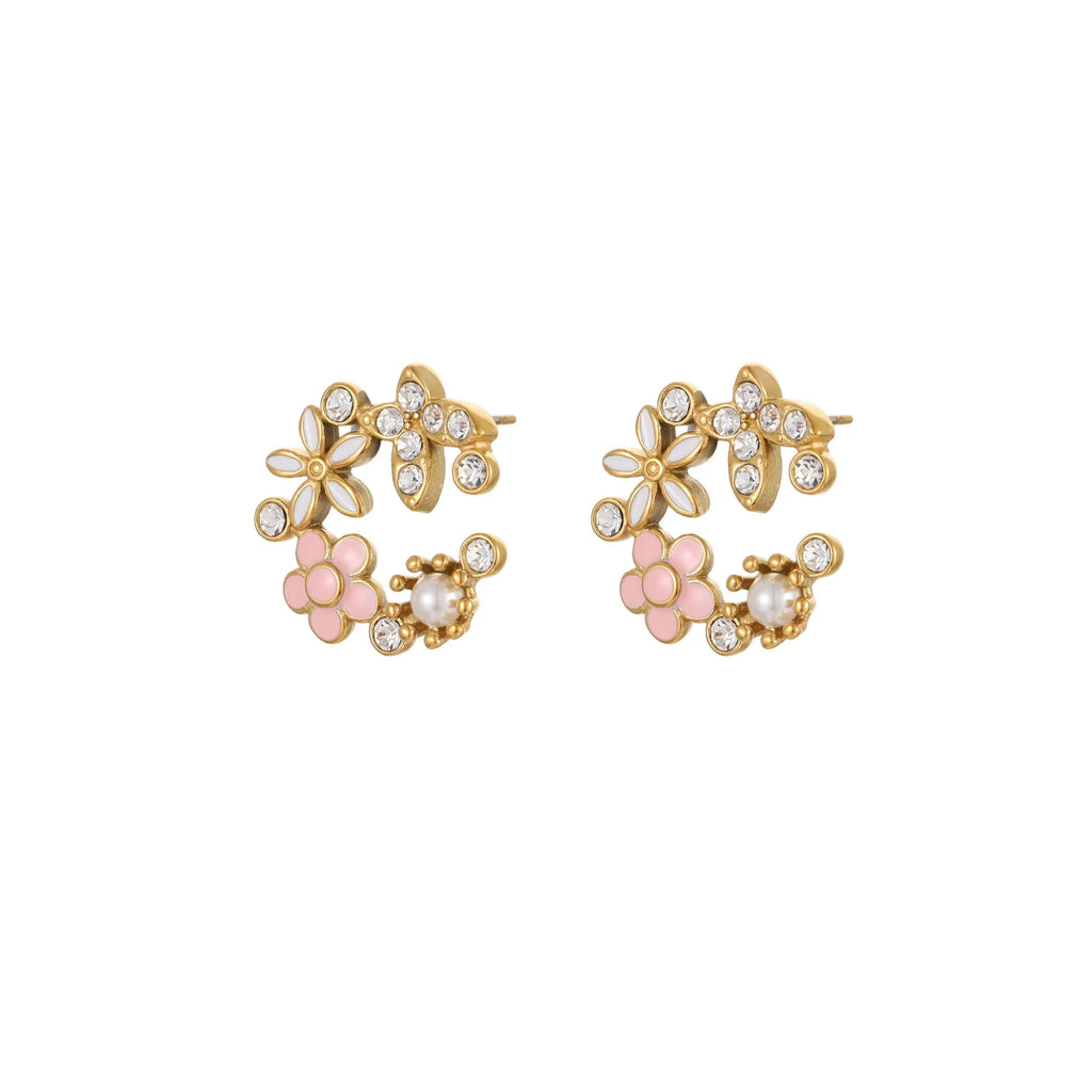 Colourful flower petal stud earrings with electroplated finish and stainless steel construction