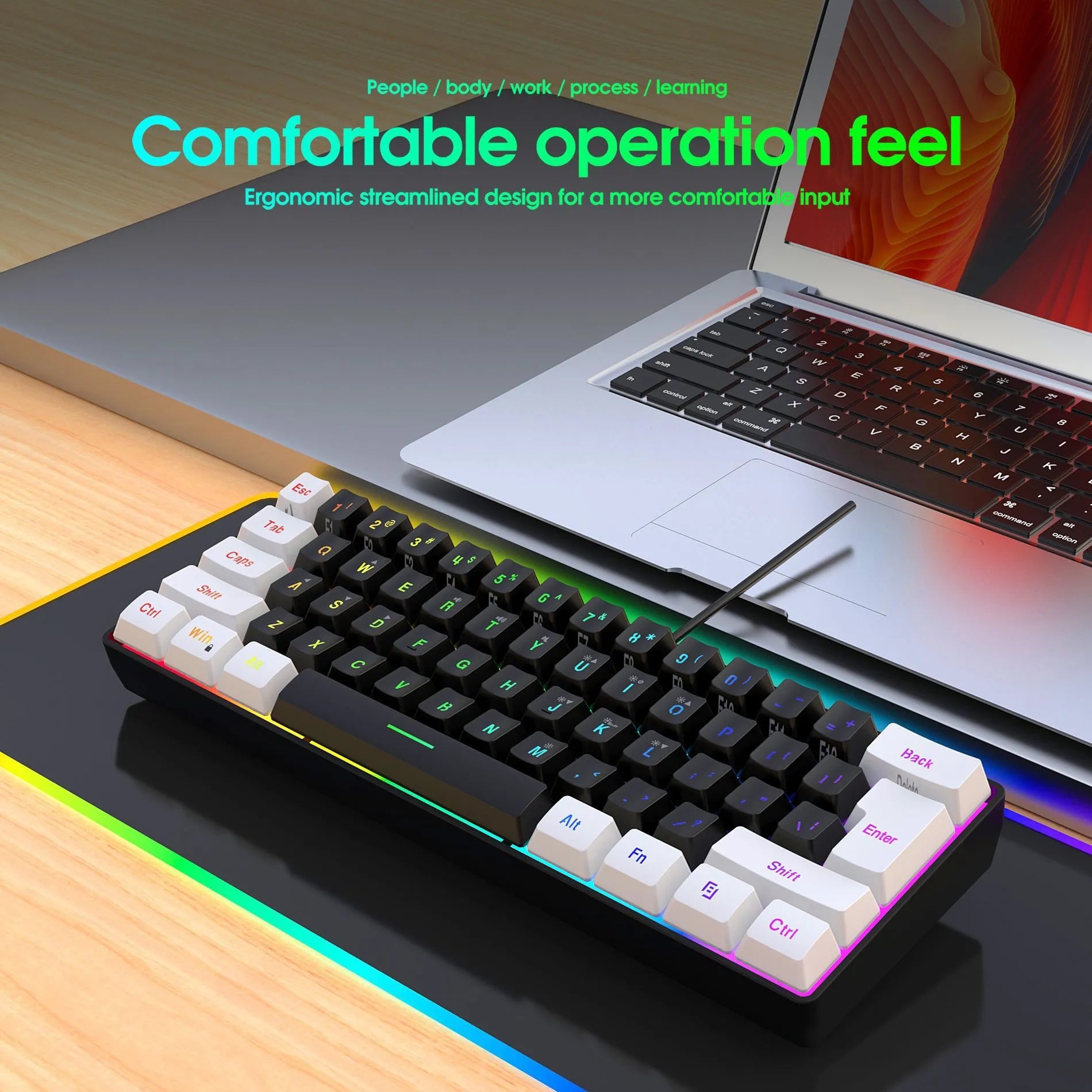 White and black wired 61 key membrane keyboard with compact design and USB cable