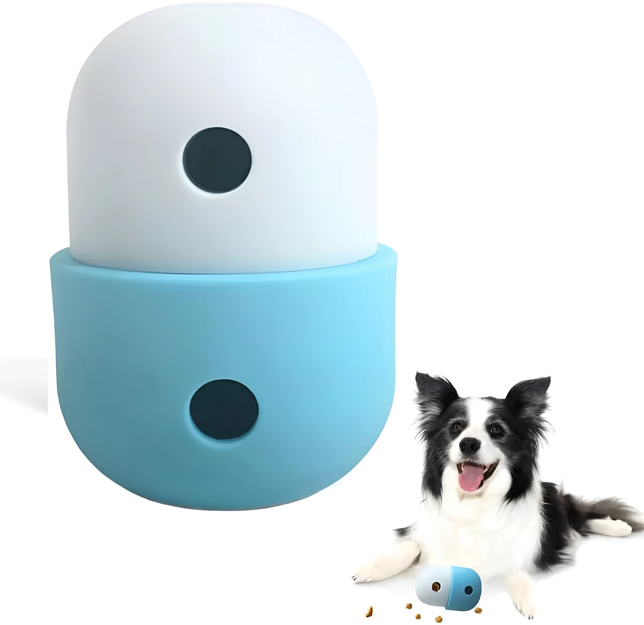 Two-tone silicone dog treat dispensing puzzle ball for small medium dogs on a wooden floor