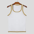 Men's black polyester mesh fitness vest with straight hem, shown on a model.