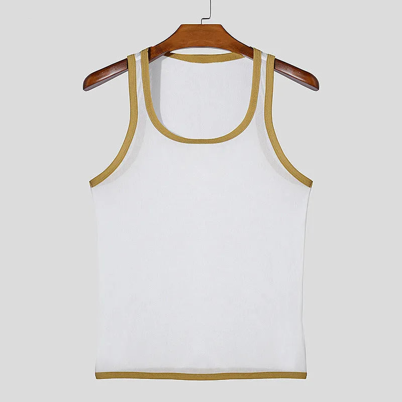 Men's black polyester mesh fitness vest with straight hem, shown on a model.