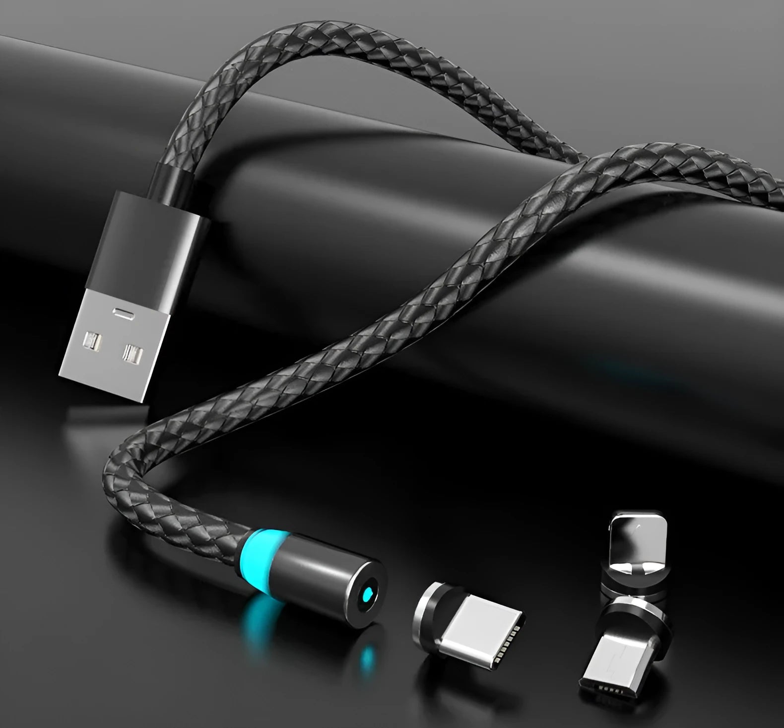 Magnetic charging cable with breathing light showing USB plug and interchangeable Lightning, Micro USB, and Type-C magnetic heads.