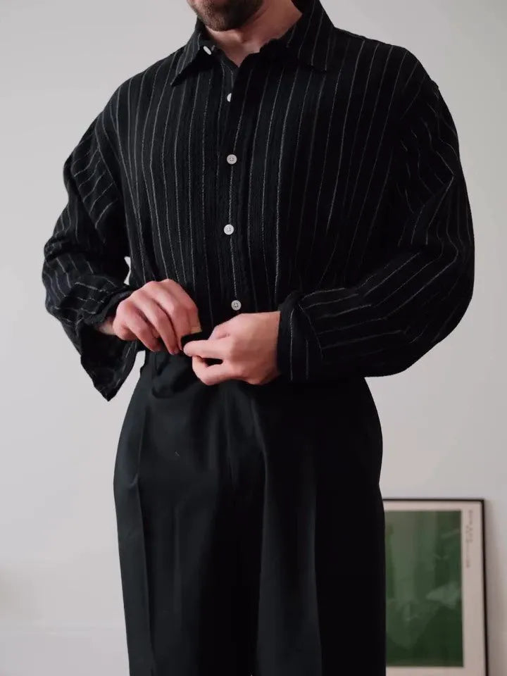 Black pinstriped polyester button-down shirt in regular fit with striped pattern