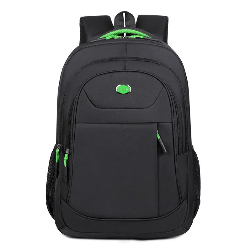 Oxford cloth college backpack in solid colour with multi-layer compartments and curved shoulder straps.