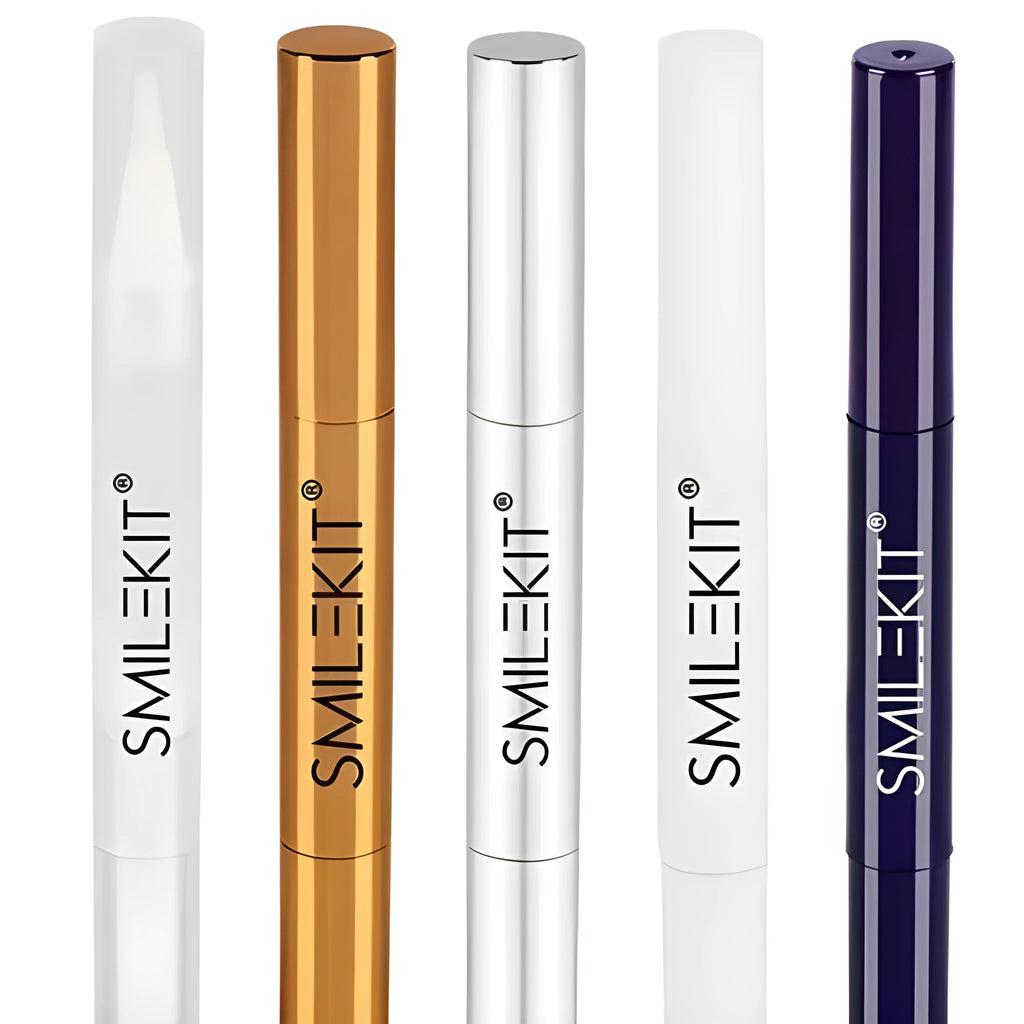 Teeth whitening pen with gel formula in plastic transparent or aluminium gold case designs