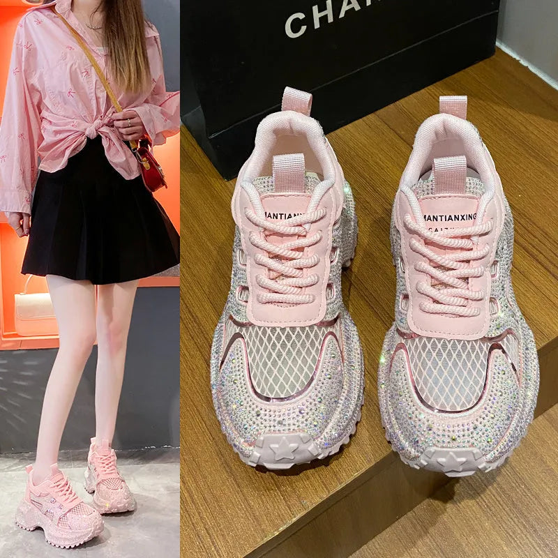TIANXIU women's chunky platform sneakers light yellow glitter rhinestone green trim thick white sole lace-up