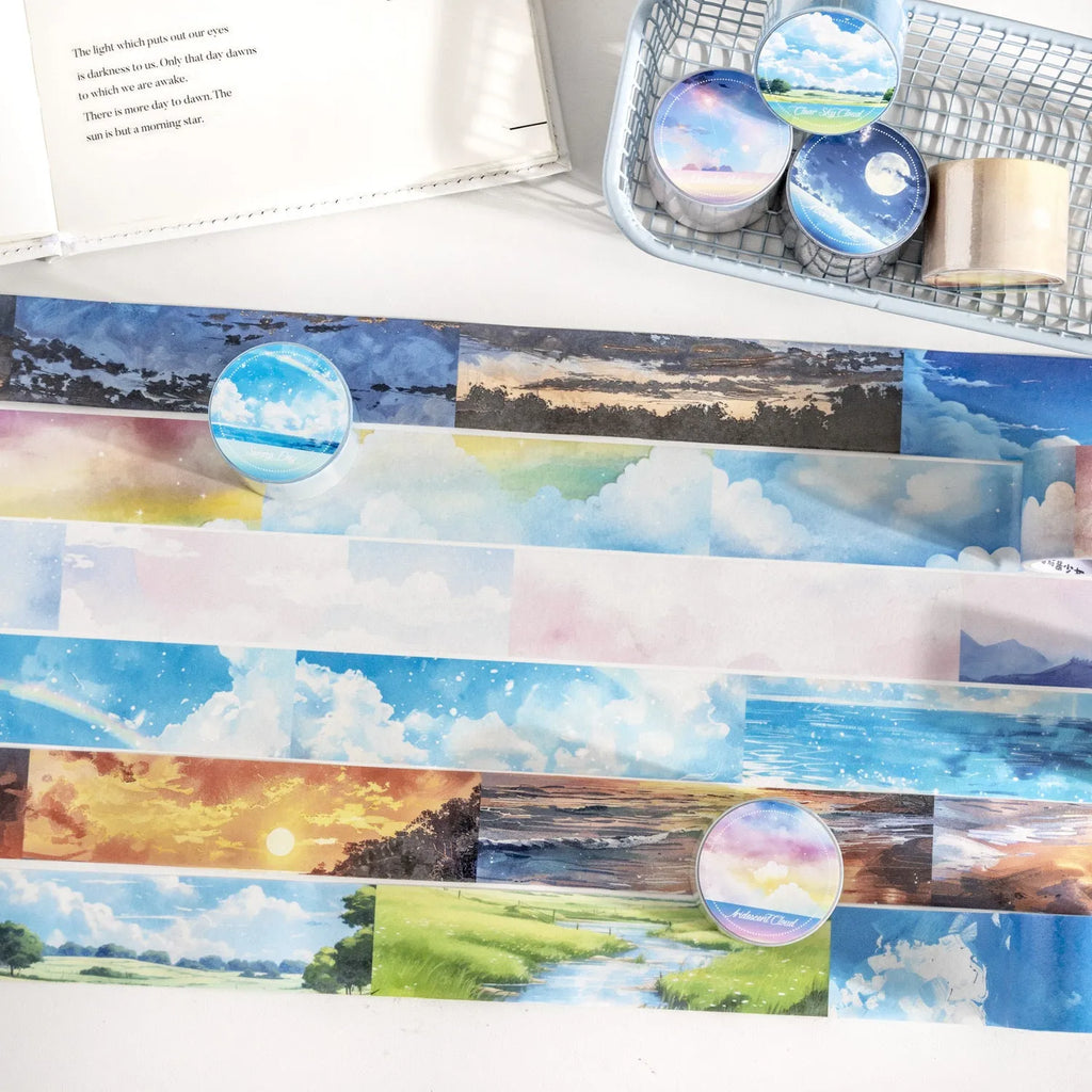 Roll of Japanese paper washi tape with sky theme patterns, showing 30mm width and 2m length.