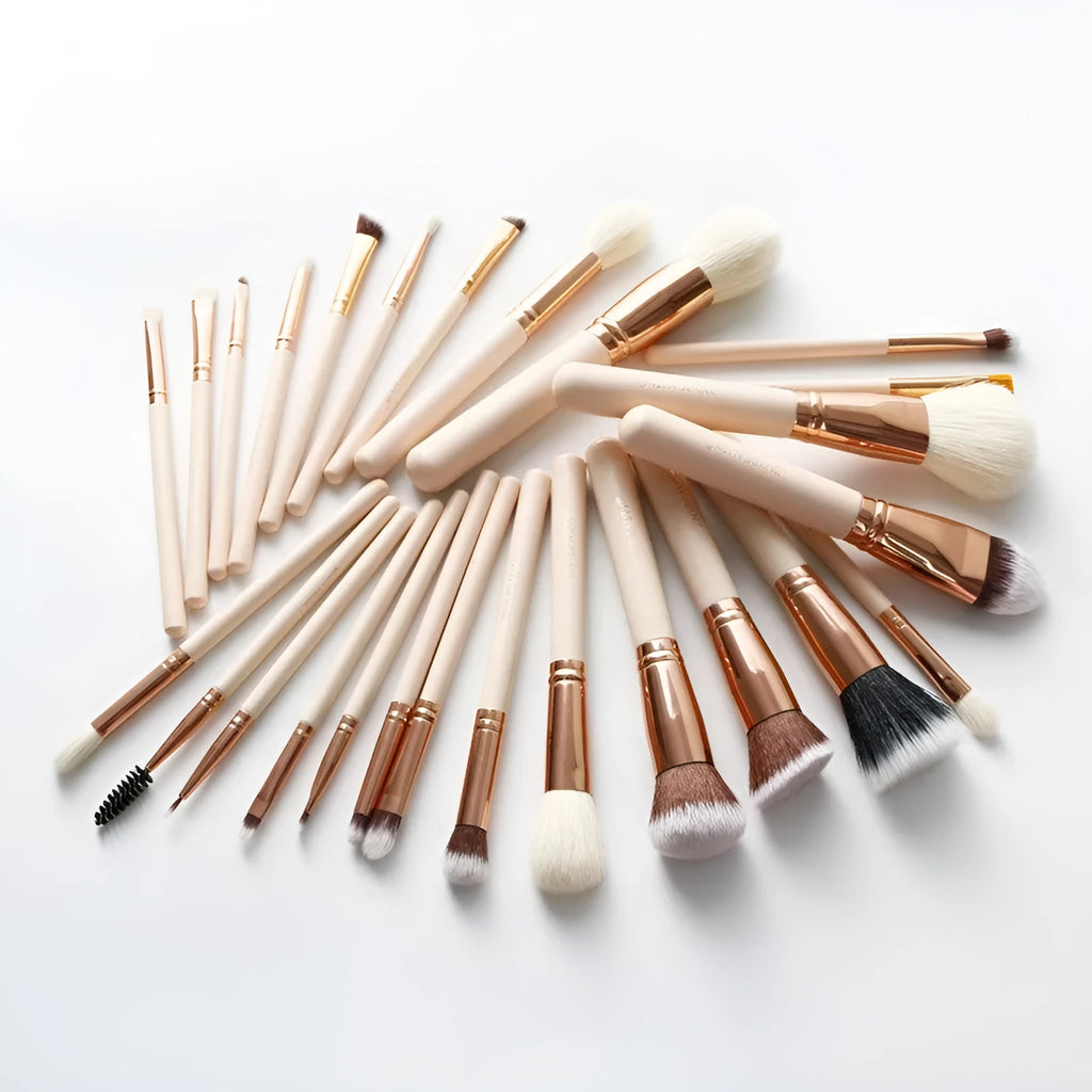 26-piece pink makeup brush set with wooden handles in protective roll case