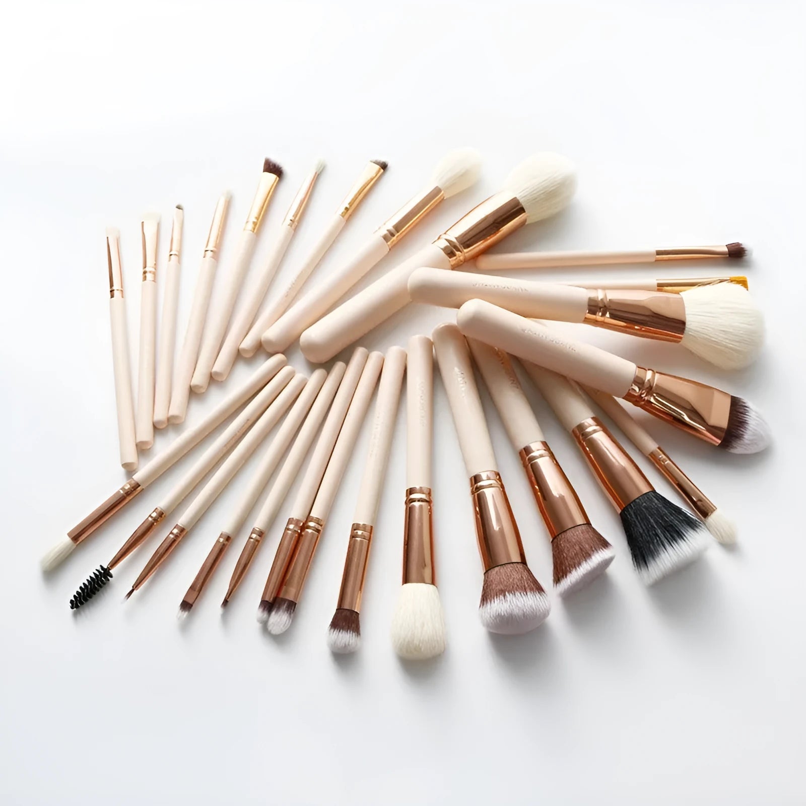 26-piece pink makeup brush set with wooden handles in protective roll case