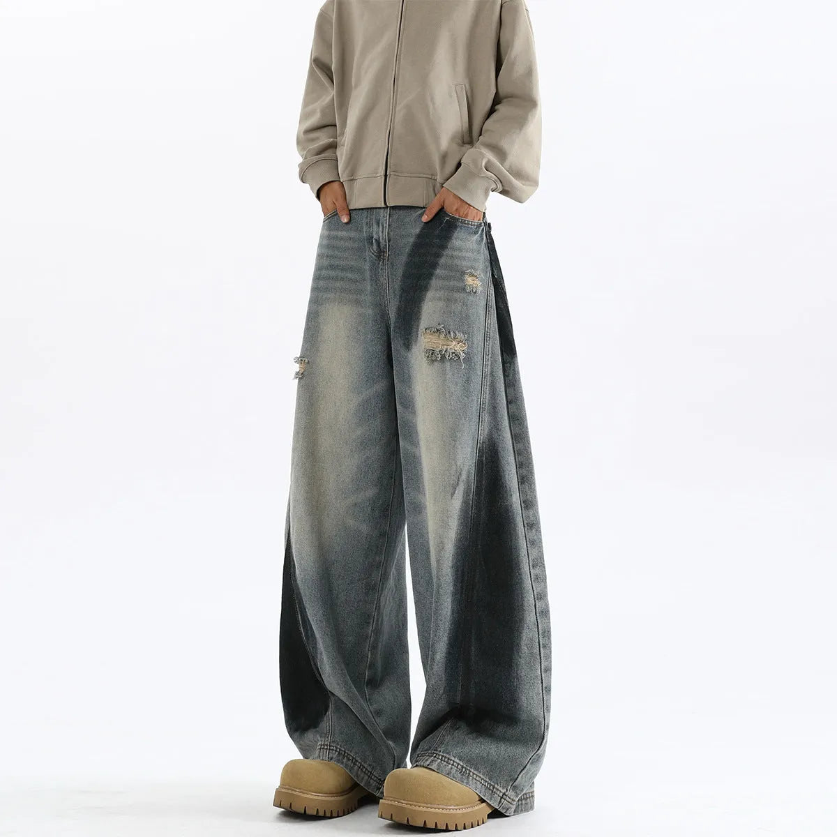 Men's American-style splash-ink ripped machete blue cotton jeans with loose fit