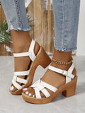 Plus size Roman women's peep toe chunky heel sandals with ankle-strap buckle in black colour