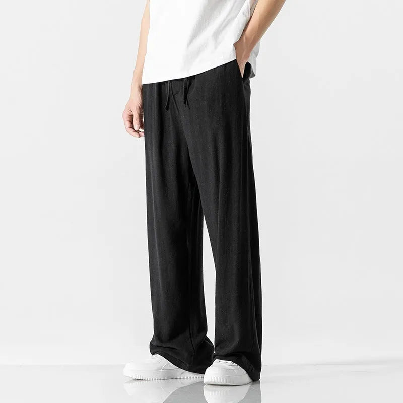 Men's bamboo fibre linen trousers in straight leg cut with cropped length and drawstring waist