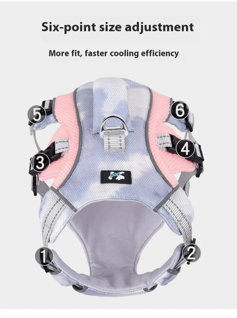 Light blue reflective dog cooling chest strap adjustable harness on a size chart.