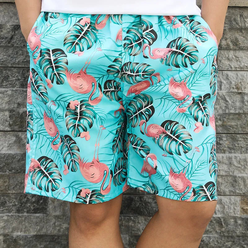 Men's casual floral print five-point swimming trunks made from polyester fabric.