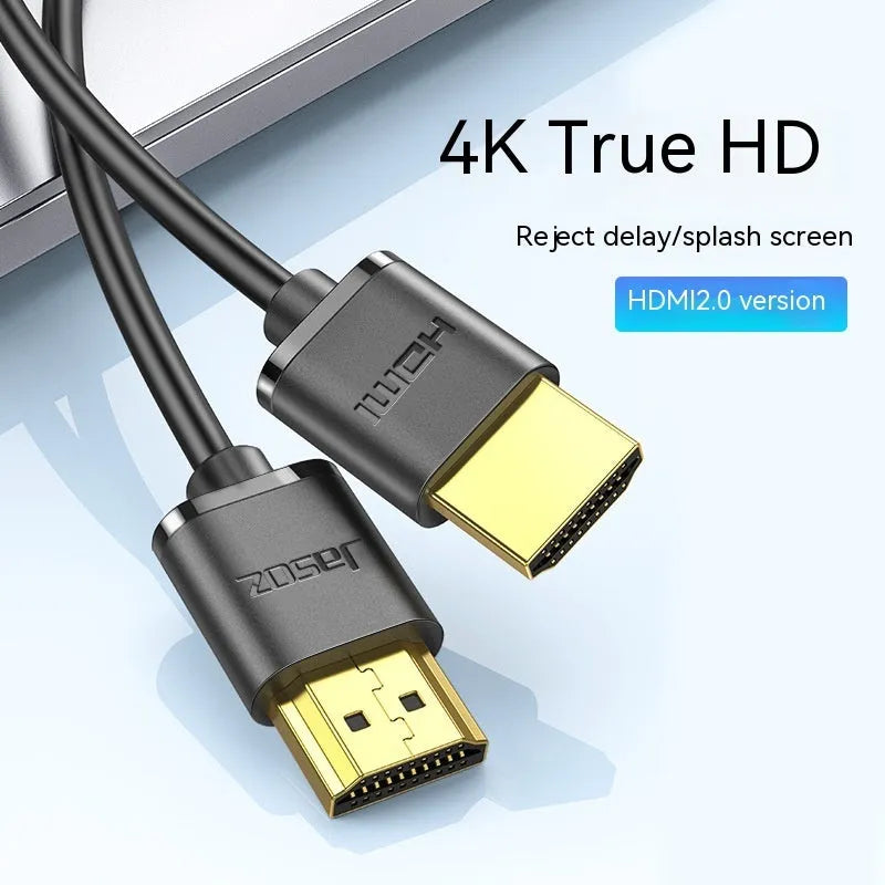 Gold-plated HDMI to HDMI computer connection cable with thin flexible black jacket.