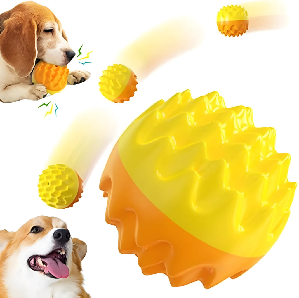 Blue and orange squeaky dog ball toy with spiky texture for dental cleaning and durable rubber construction