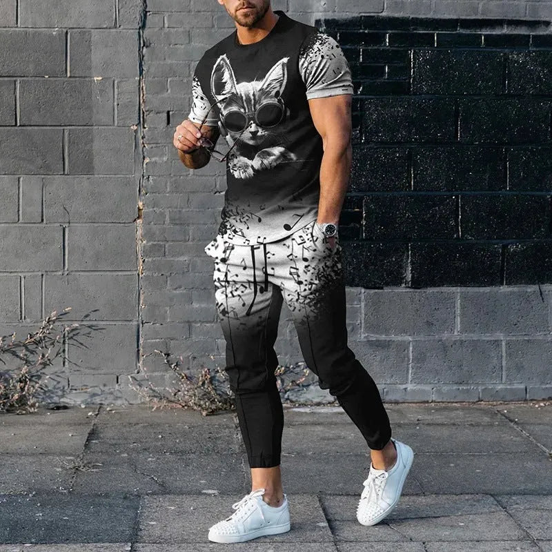 Men's short-sleeved round neck pullover and matching trousers sportswear set in polyester blend fabric