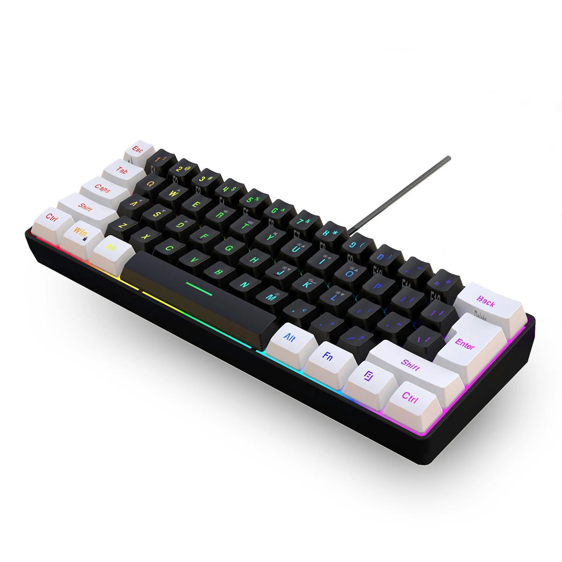 White and black wired 61 key membrane keyboard with compact design and USB cable