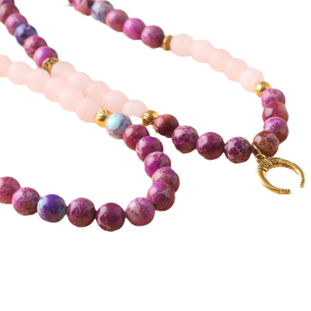 Personalised beads pendant necklace made from emperor stone with pink crystal colour.