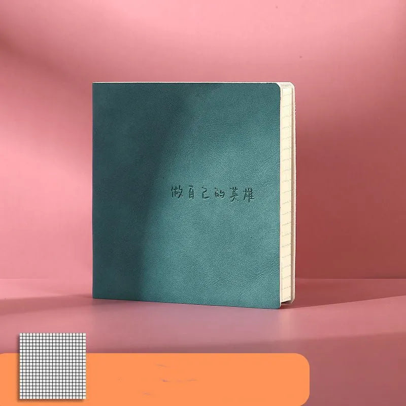 Square faux leather notebook with Daolin paper pages in peach pink, avocado green, and blueberry purple colour options