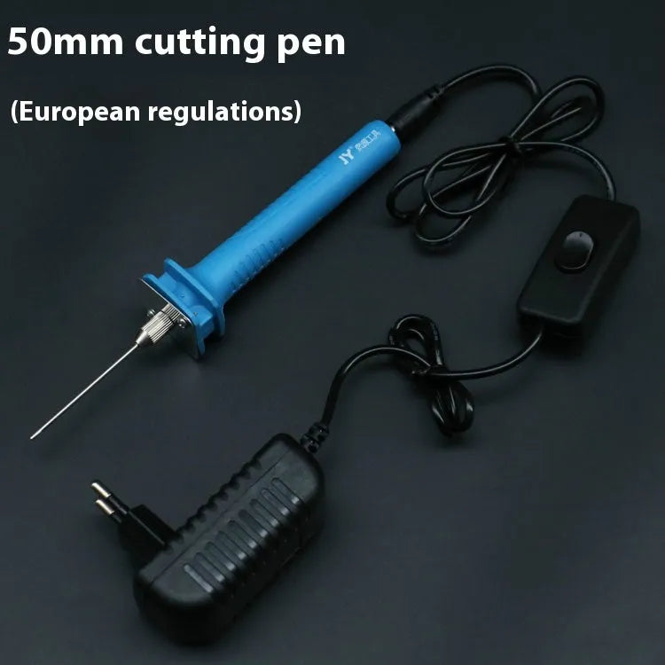 Blue electric heating cutter pen for cutting foam and polystyrene boards on a work surface