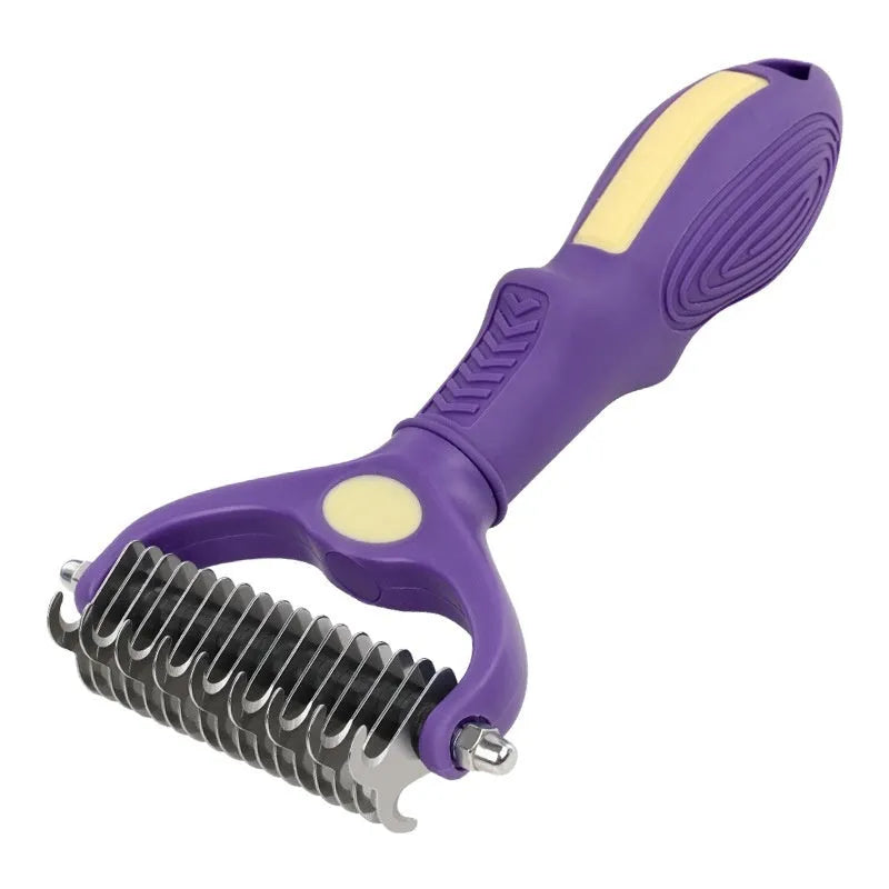 Purple plastic double-sided pet comb with fine and wide teeth for knot removal