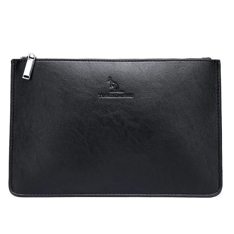 Men's soft black checkered PU leather clutch wallet showing card slots and zipper pocket