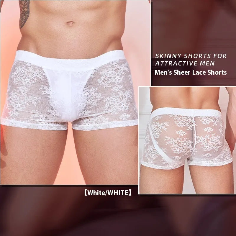 Men's black boxers with lace design detail on a hanger