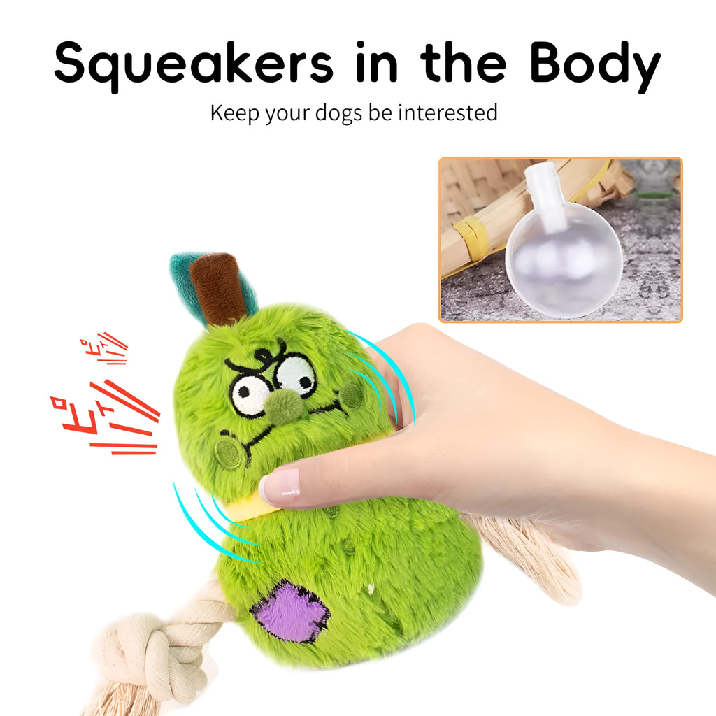 Green and purple interactive dog toy with plush rope knot design and molar tooth texture for tug-of-war games