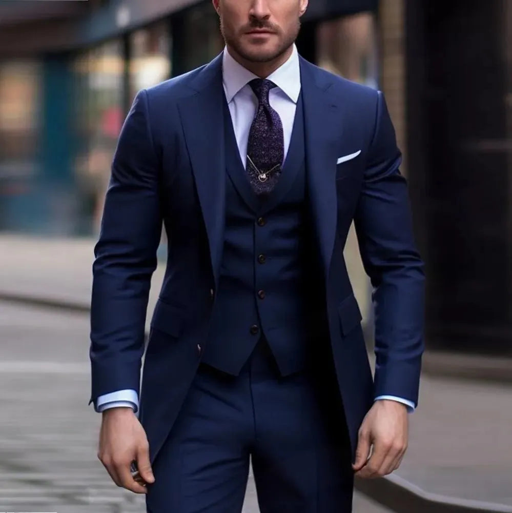 Men's slim fit three-piece business suit in chemical fibre blend polyester fabric