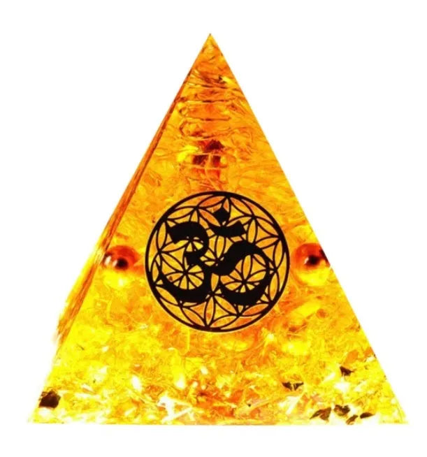 Clear epoxy resin pyramid ornament with embedded coloured crystal gravel inside, measuring 6cm.
