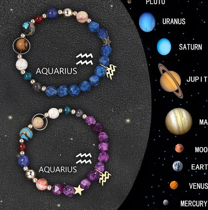 Set of twelve natural stone beaded bracelets featuring different zodiac sign designs