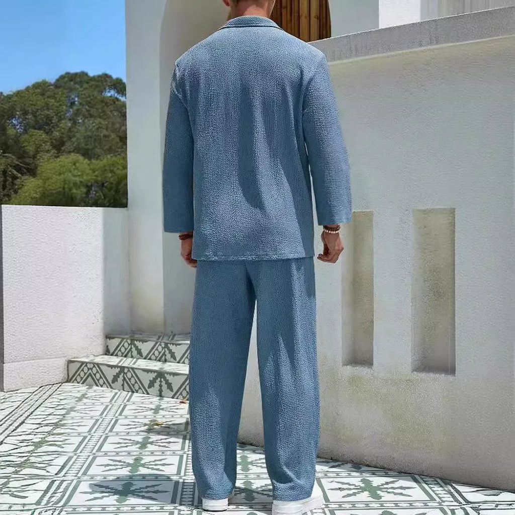 Men's casual shirt and trousers commuter suit set in polyester, shown in lake blue colour