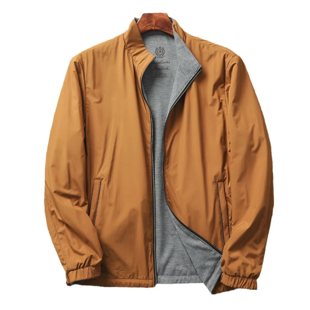 Men's stand collar jacket in polyester blend available in Army Green, Black, Blue and Orange colours