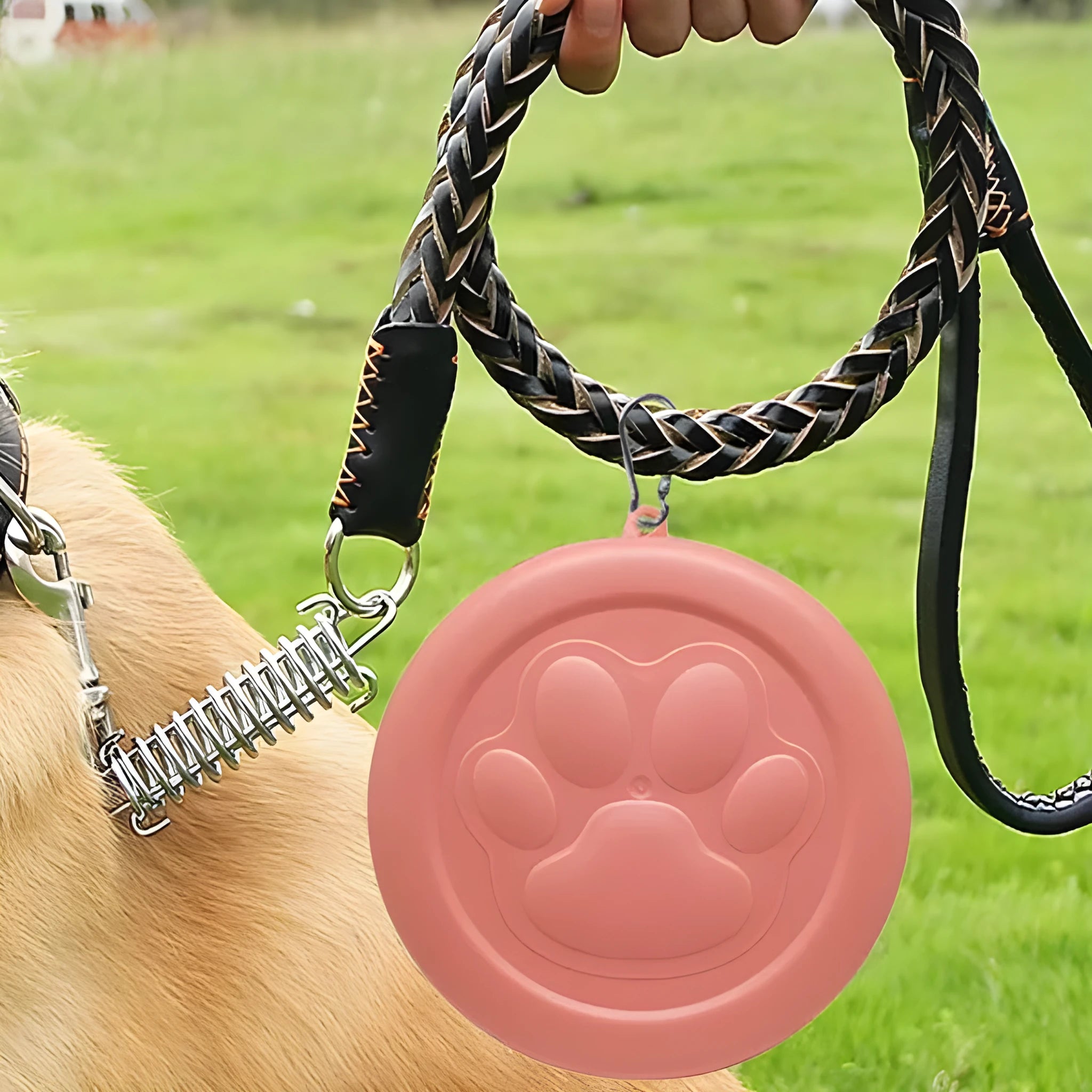 Portable dog food and water bowl shown in light pink and green, available in two-colour or single-colour design and S or L sizes.