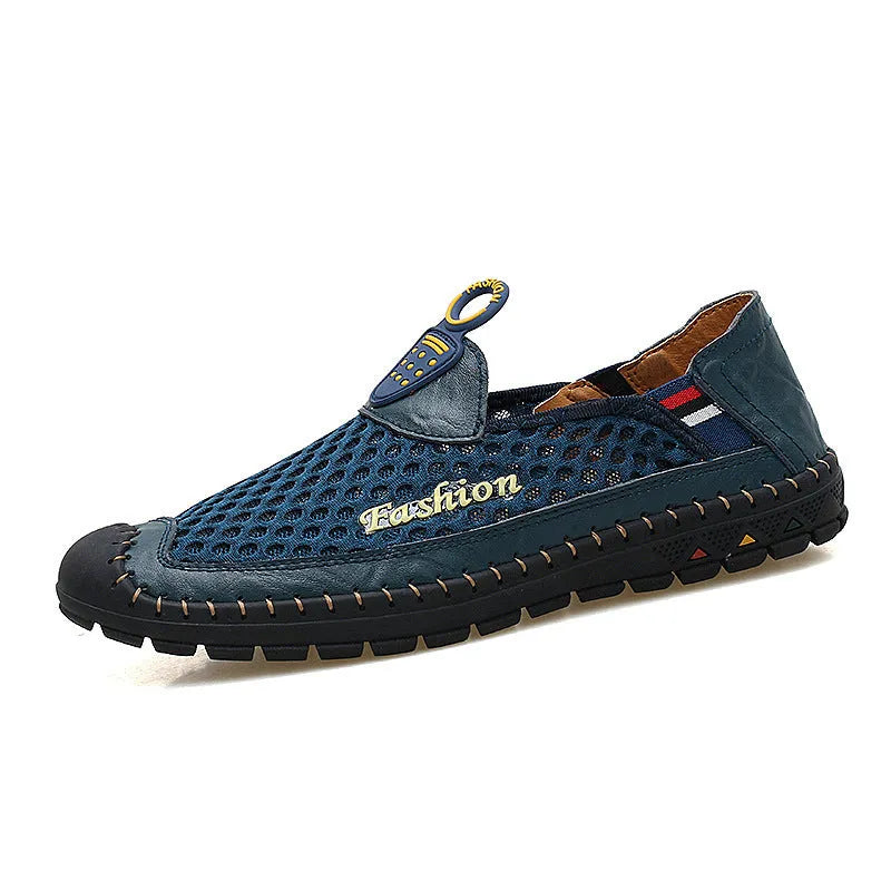 Men's brown breathable mesh casual shoes with round toe and non-slip rubber sole