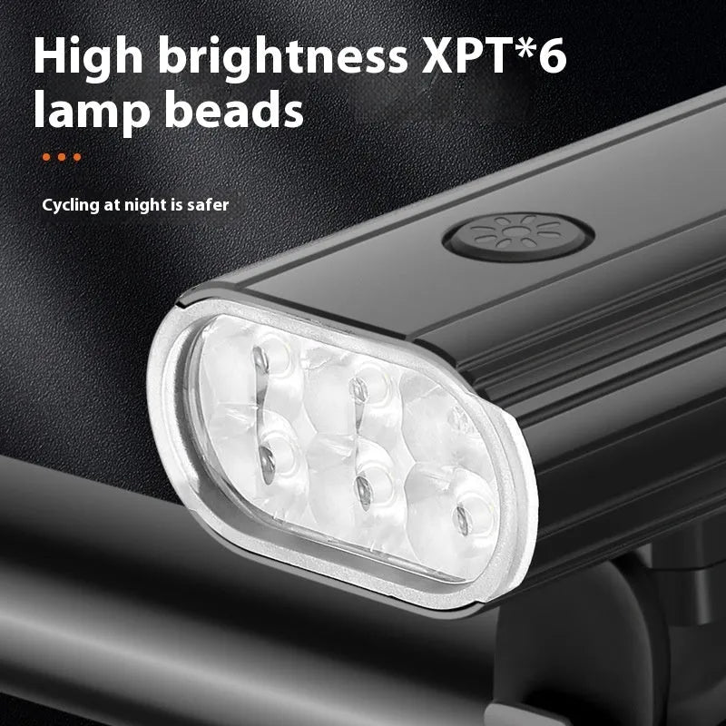 Aluminium alloy bicycle headlight with six XPT lamp beads showing quick-release mounting system