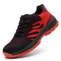 Red steel toe cap safety shoes with breathable mesh upper and non-slip sole