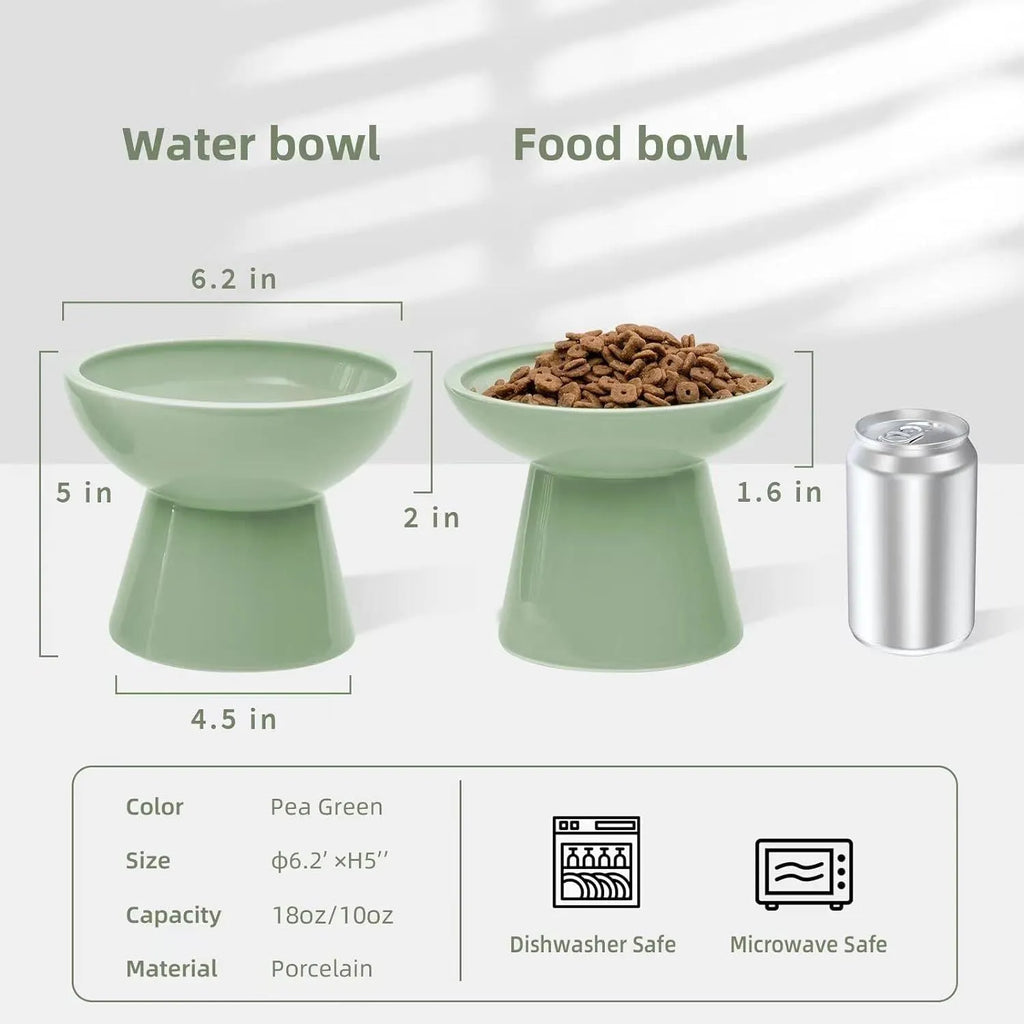 Extra wide elevated ceramic cat food bowl in blue green pink or white colour