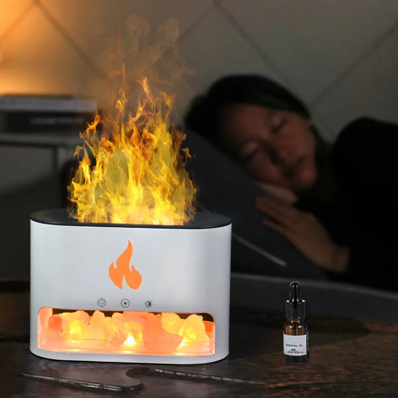 New Flame Humidifier with 3D simulation flame light and crystal salt stone on a desktop