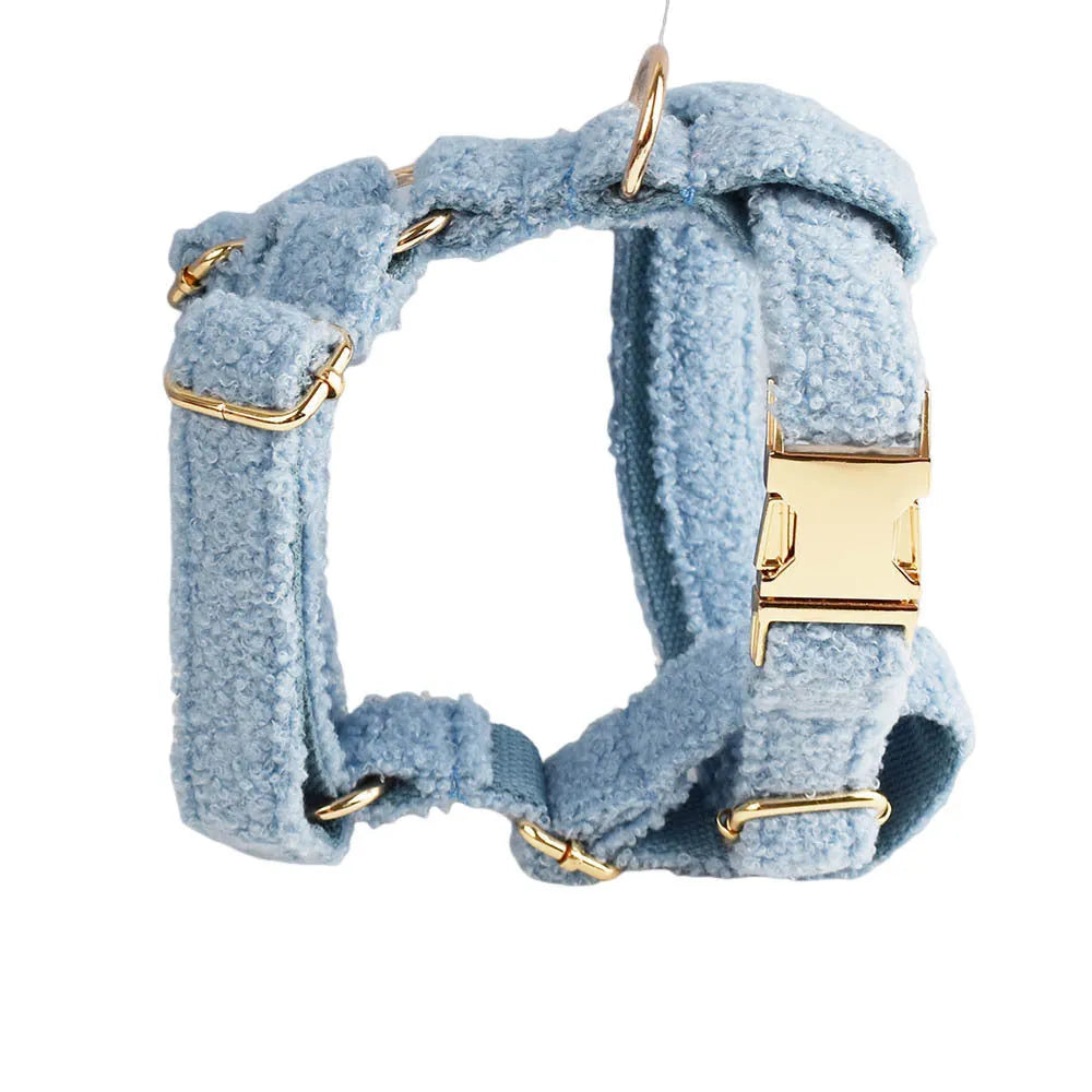 Blue teddy bear dog collar set with matching leash, bow, and vest on a pet