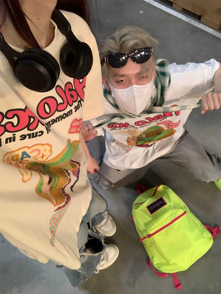 Cartoon hamburger dog printed cotton t-shirt in loose style with short sleeves