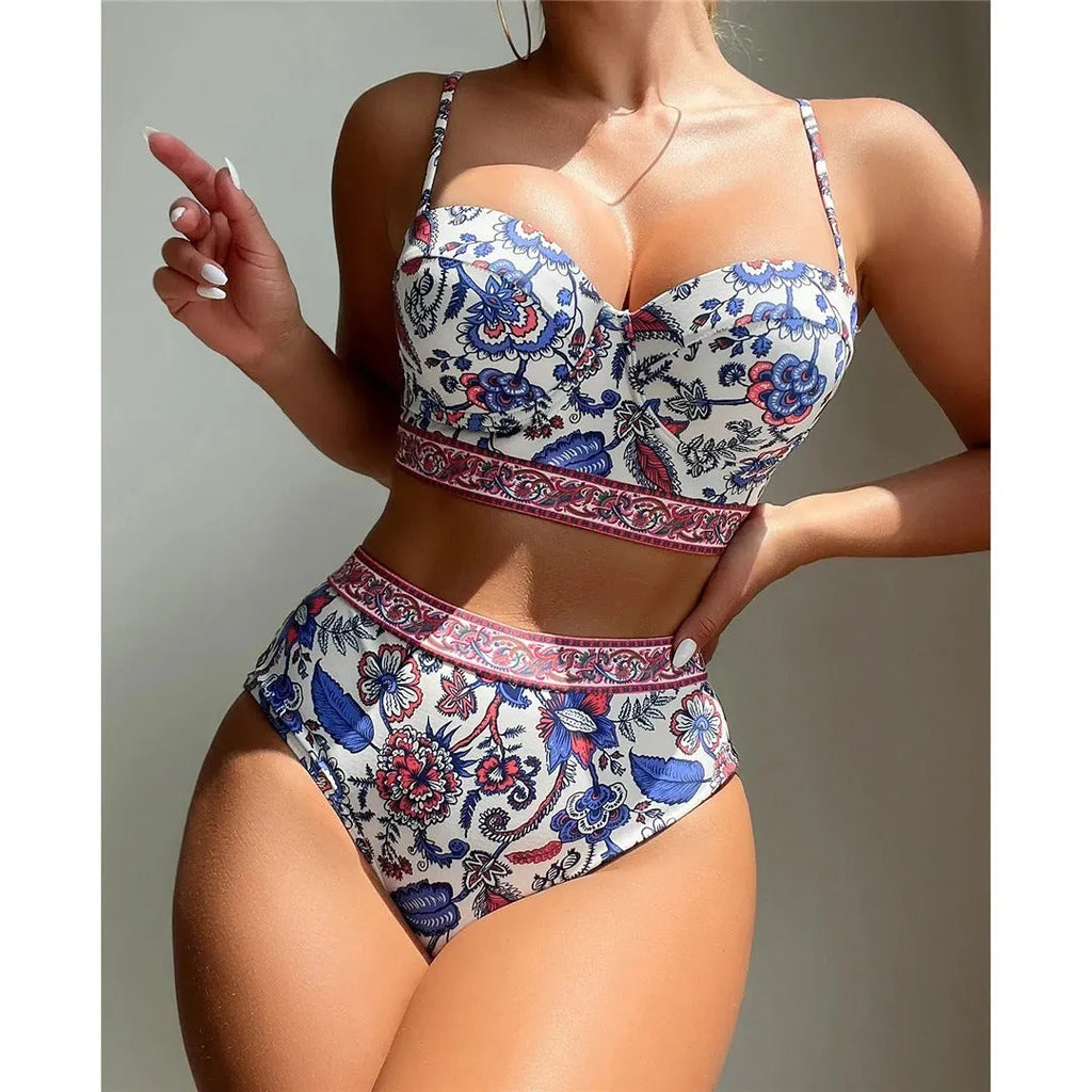 Blue women's high waist push-up bikini swimsuit with polyester fabric
