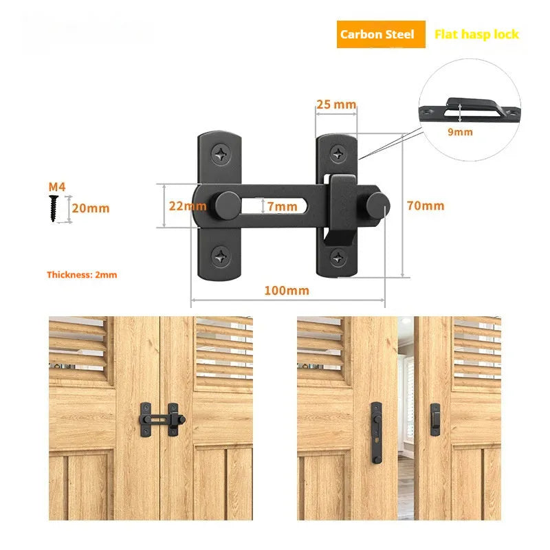Black carbon steel and stainless steel 90-degree warehouse hook lock with flat shackle for sliding doors.