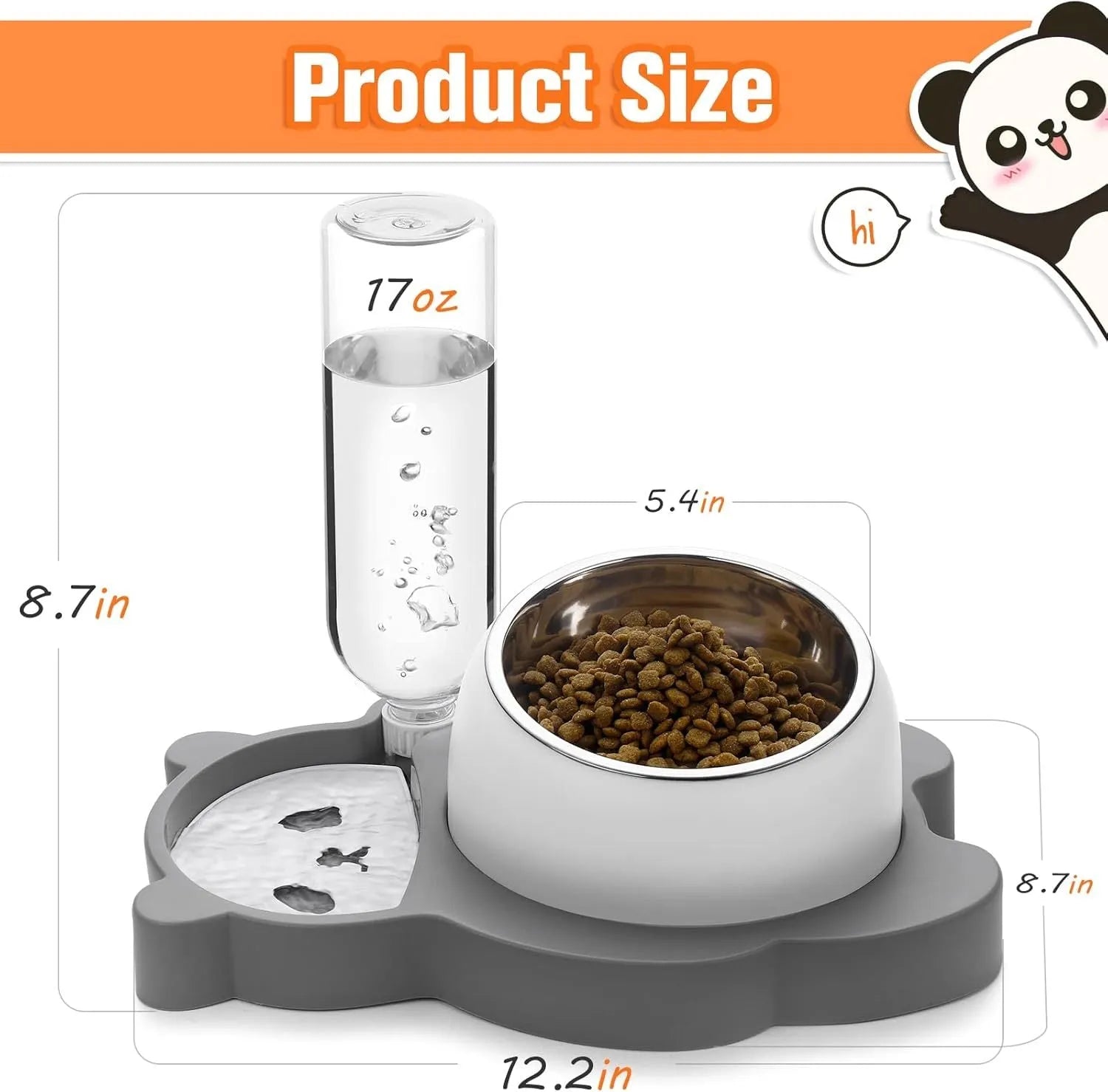 Grey panda-shaped pet feeder with tilted stainless steel bowls and a green automatic water bottle.