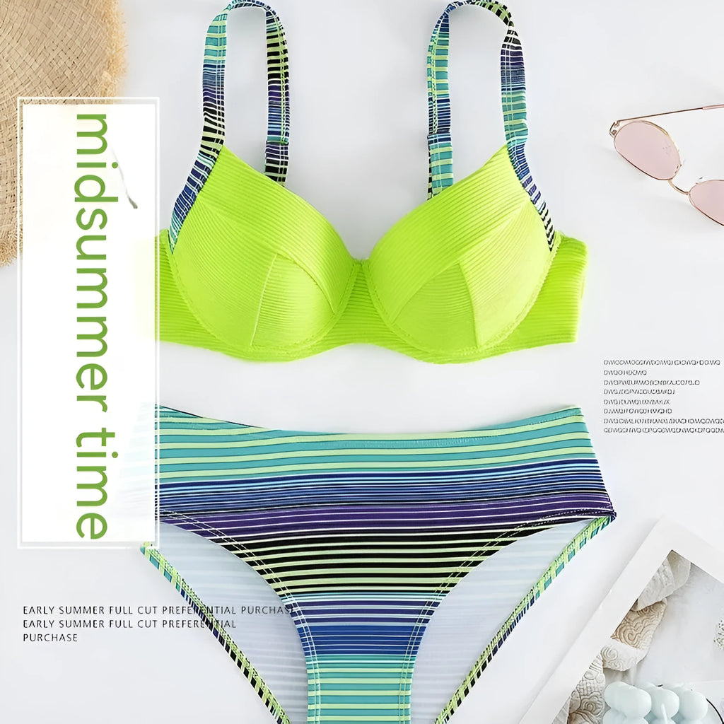 Green printed women's halter bikini set with brief-style bottom and split design