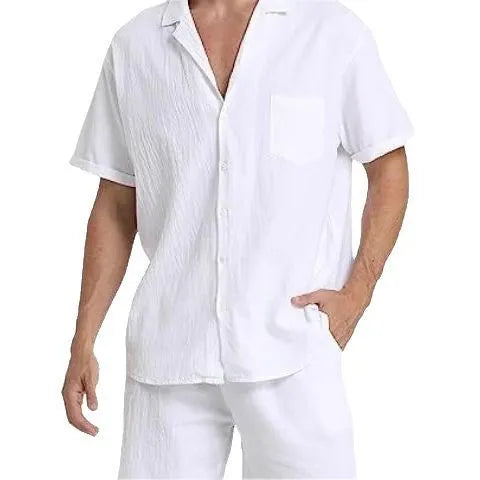 Men's flax linen short-sleeve top and shorts summer sports suit in army green