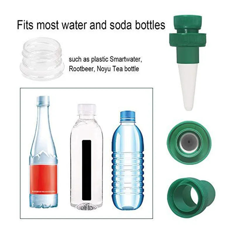Green ceramic automatic plant dripper attached to cola bottle for watering indoor plants