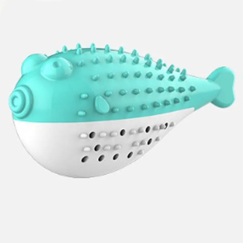 Blue silicone fish-shaped chew toy for cats on a plain background
